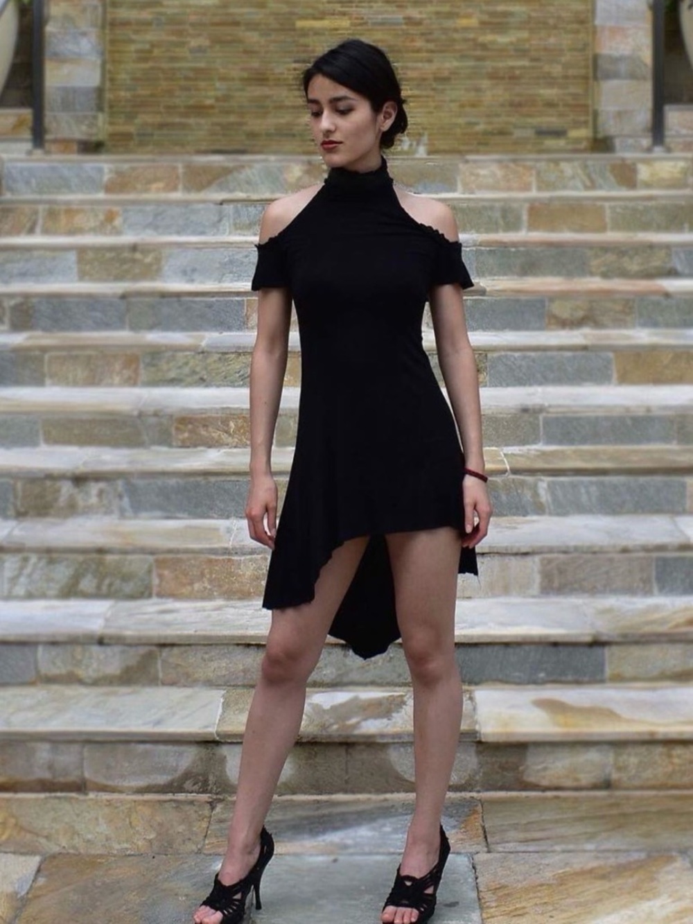 Lip Service Step in Time Goth Cold-Shoulder High-Neck Asymmetrical Laceup Dress